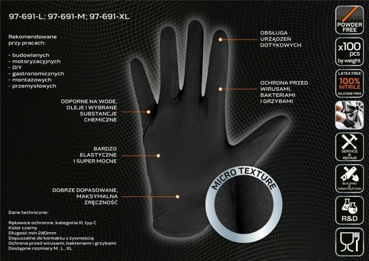 Rękawiczki nitrylowe, czarne, rozmiar L 97-691-L /100szt./